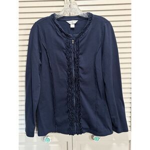 Christopher & Banks Blue Zip Up Long Sleeve Sweater Size‎ Small Ruffle Raw Seams